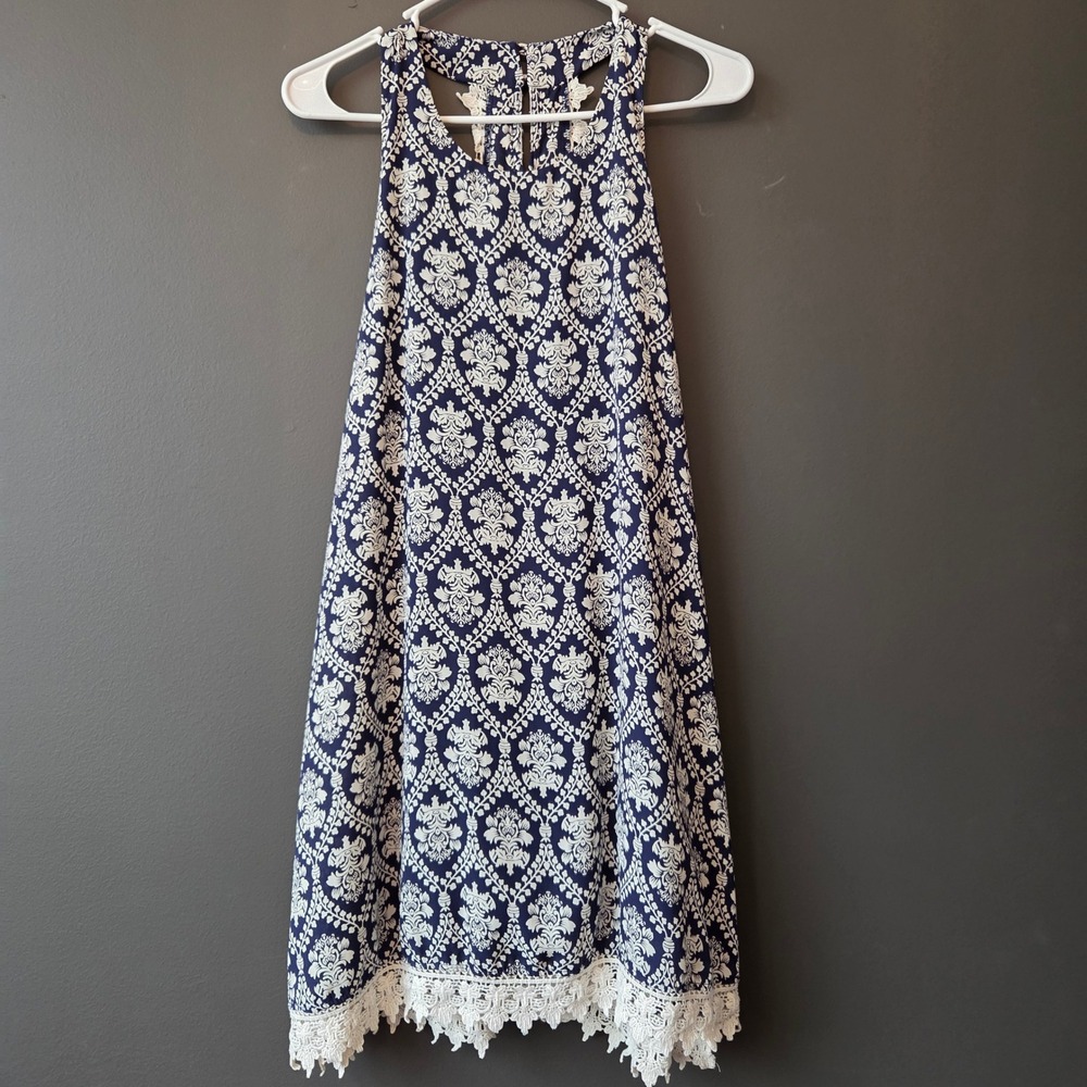 Everleigh Navy Blue White Damask Crochet Lace Trim Halter Shift Dress Small Chic